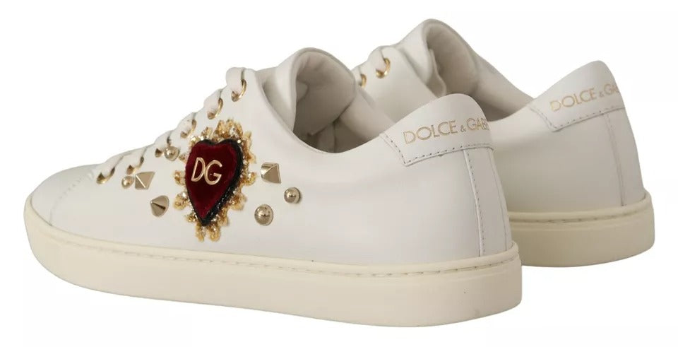 White Leather Sneakers with Gold Studs & Red Heart Detail