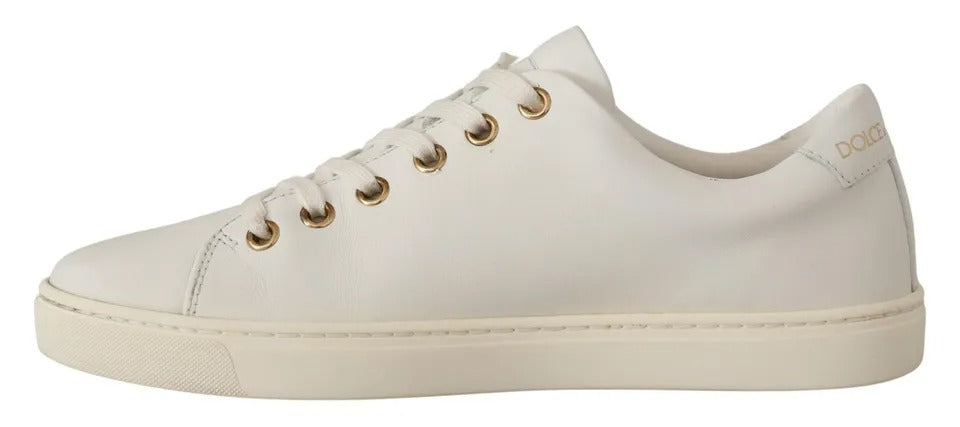 White Leather Sneakers with Gold Studs & Red Heart Detail