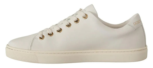 White Leather Sneakers with Gold Studs & Red Heart Detail