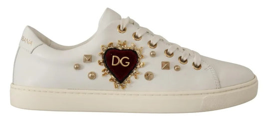 White Leather Sneakers with Gold Studs & Red Heart Detail