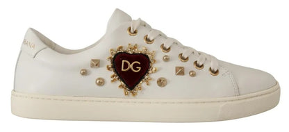 White Leather Sneakers with Gold Studs & Red Heart Detail
