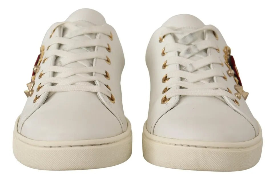 White Leather Sneakers with Gold Studs & Red Heart Detail