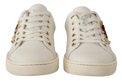 White Leather Sneakers with Gold Studs & Red Heart Detail