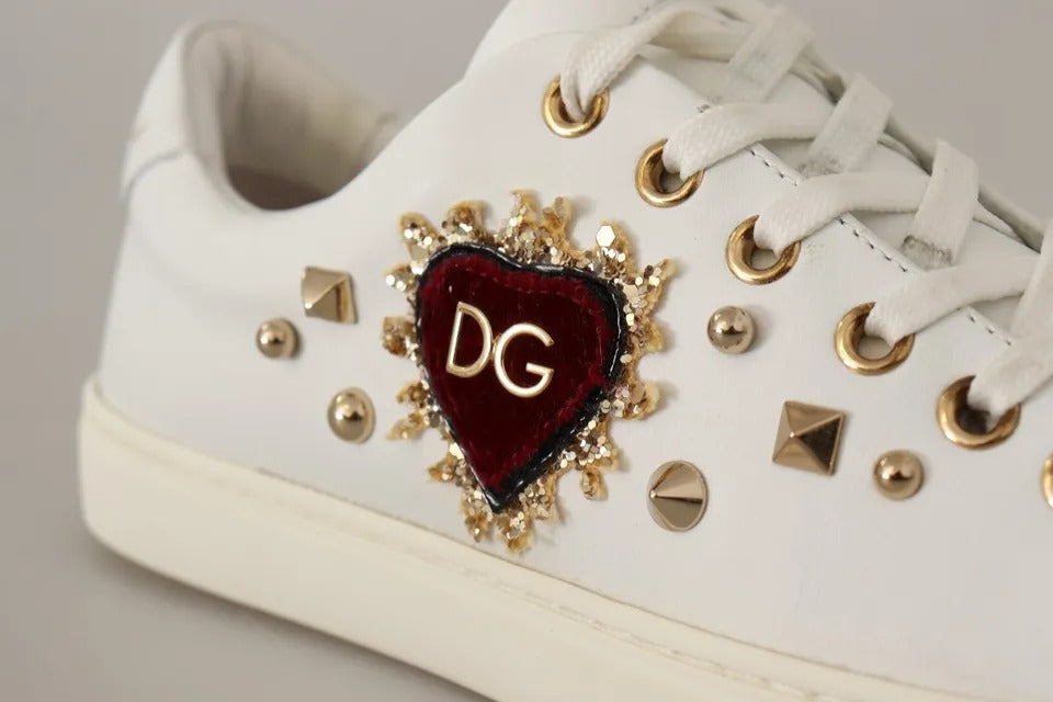 White Leather Sneakers with Gold Studs & Red Heart Detail