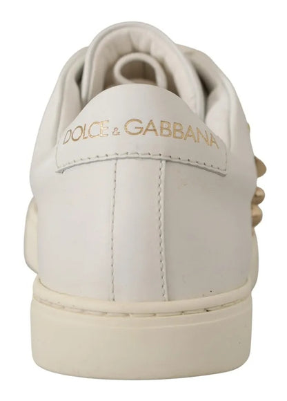 White Leather Sneakers with Gold Studs & Red Heart Detail
