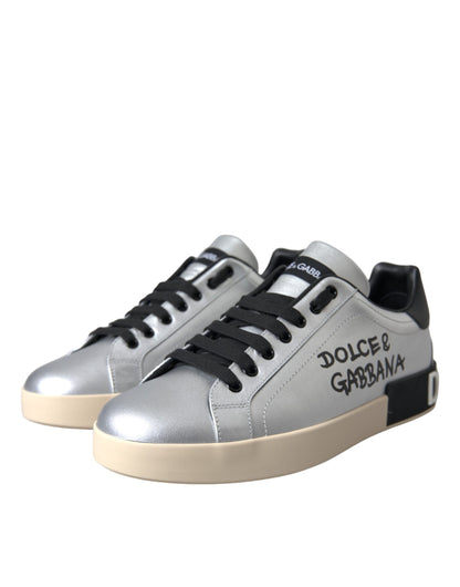 Dolce &amp; Gabbana Silver Portofino Calf Leather Sneakers Men's Shoes