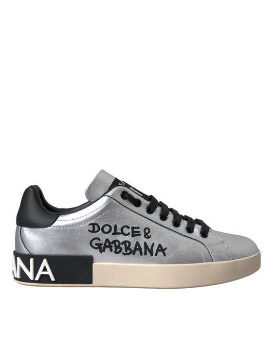 Dolce &amp; Gabbana Silver Portofino Calf Leather Sneakers Men's Shoes