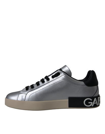 Dolce &amp; Gabbana Silver Portofino Calf Leather Sneakers Men's Shoes