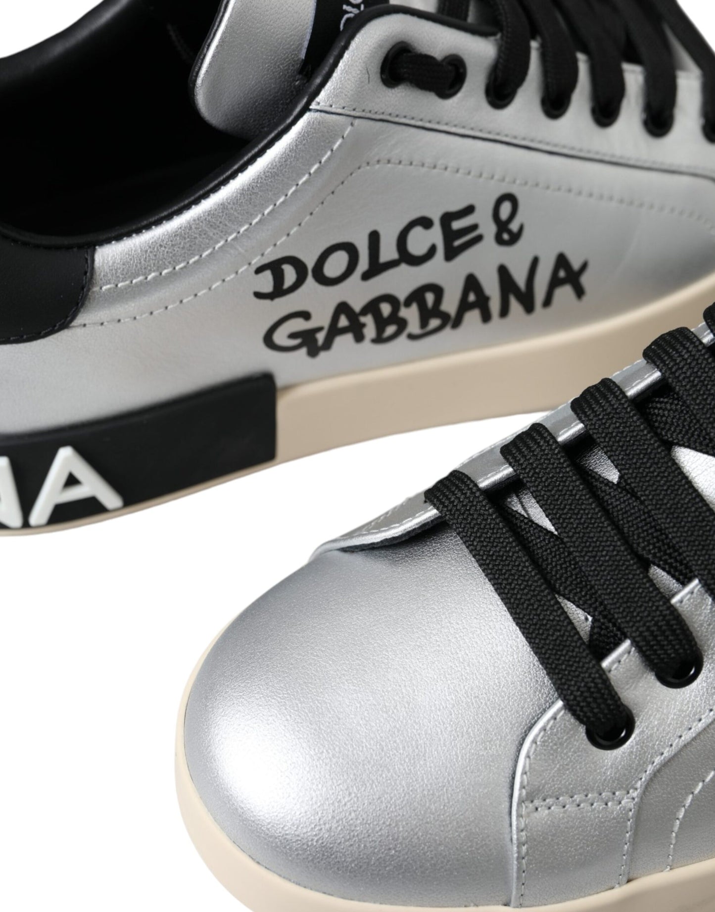 Dolce &amp; Gabbana Silver Portofino Calf Leather Sneakers Men's Shoes