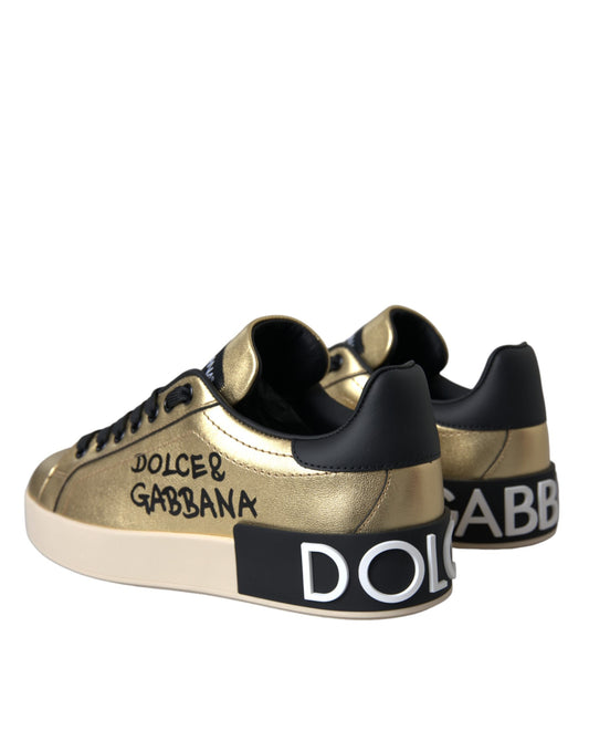 Gold Portofino Low-Top Leather Sneakers - Women's Designer Footwear