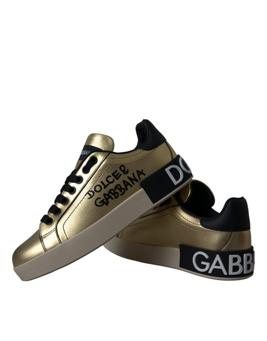Gold Portofino Low-Top Leather Sneakers - Women's Designer Footwear