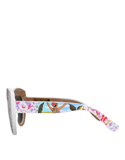 Wood Crystal Brass Frame Floral Hand Painted Sunglasses