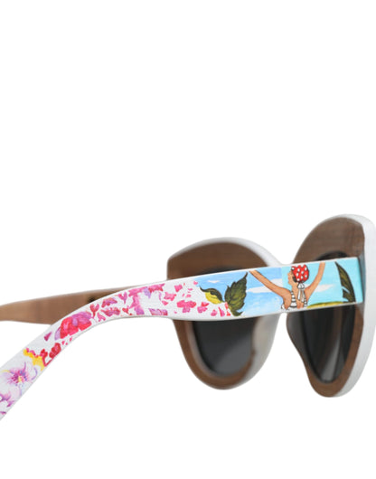 Wood Crystal Brass Frame Floral Hand Painted Sunglasses