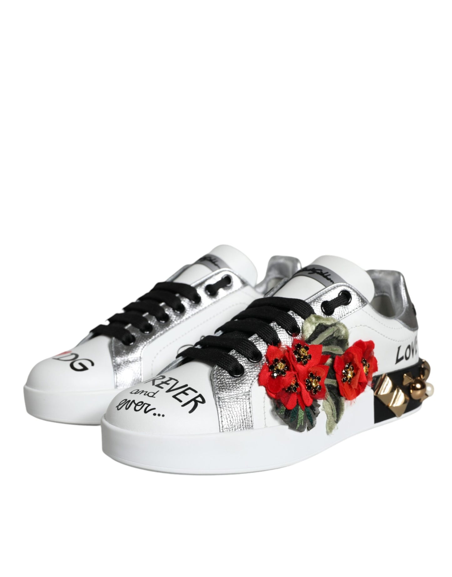 White Leather Floral Studded Low Top Sneakers