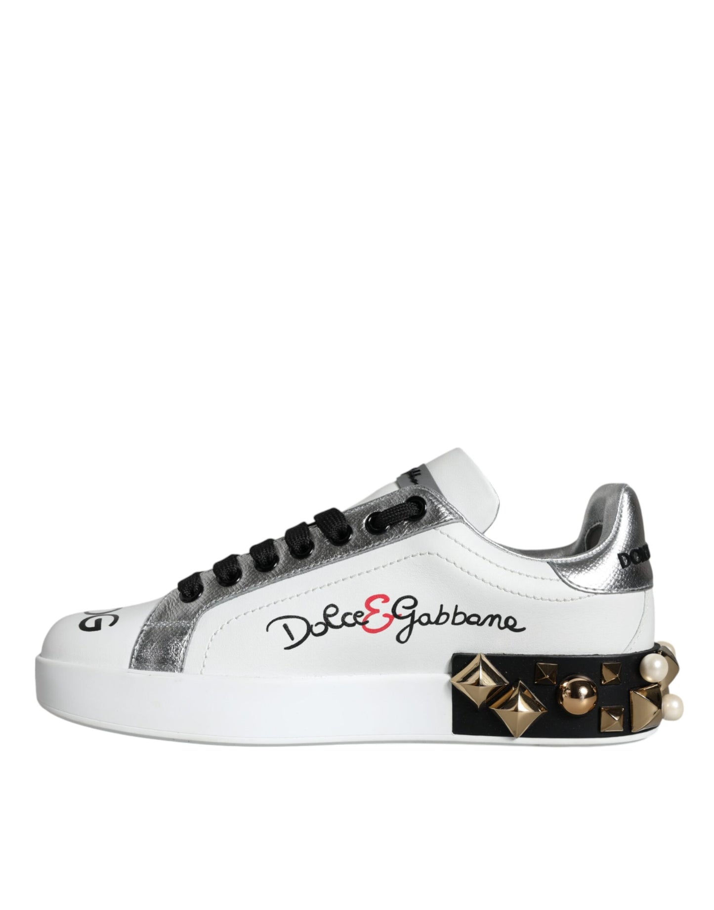 White Leather Floral Studded Low Top Sneakers