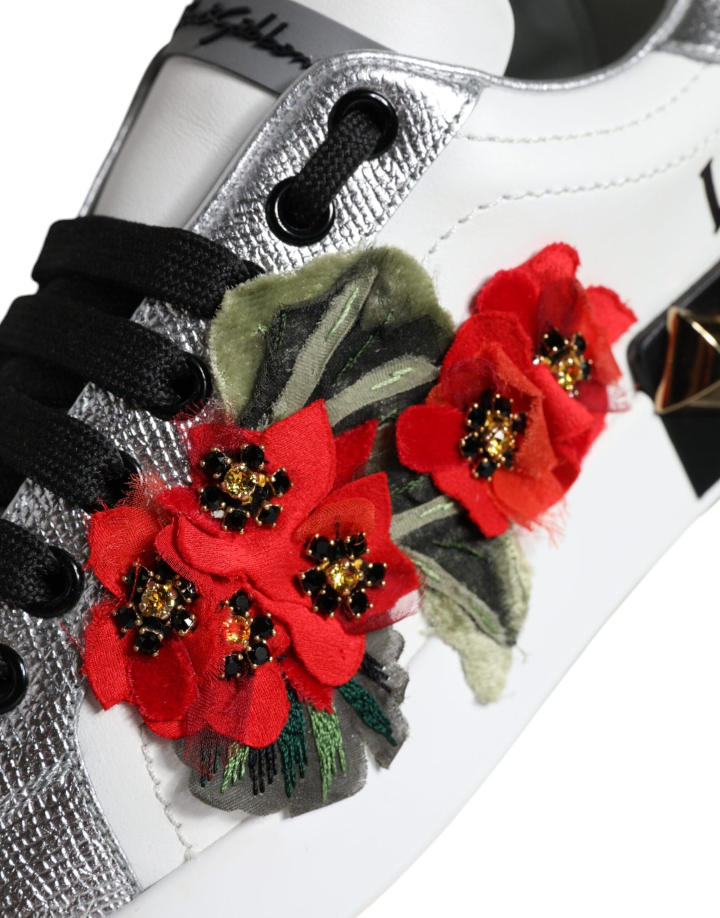 White Leather Floral Studded Low Top Sneakers