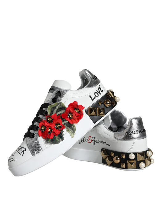 White Leather Floral Studded Low Top Sneakers