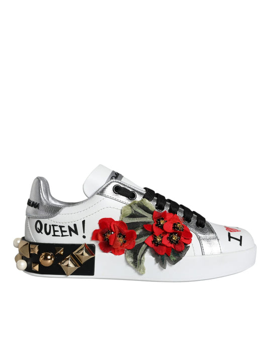 White Leather Floral Studded Low Top Sneakers