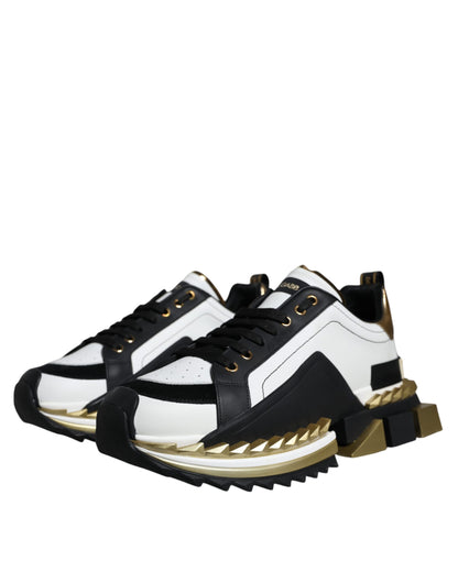 Dolce &amp; Gabbana White Gold Black Leather SUPER KING Sneakers