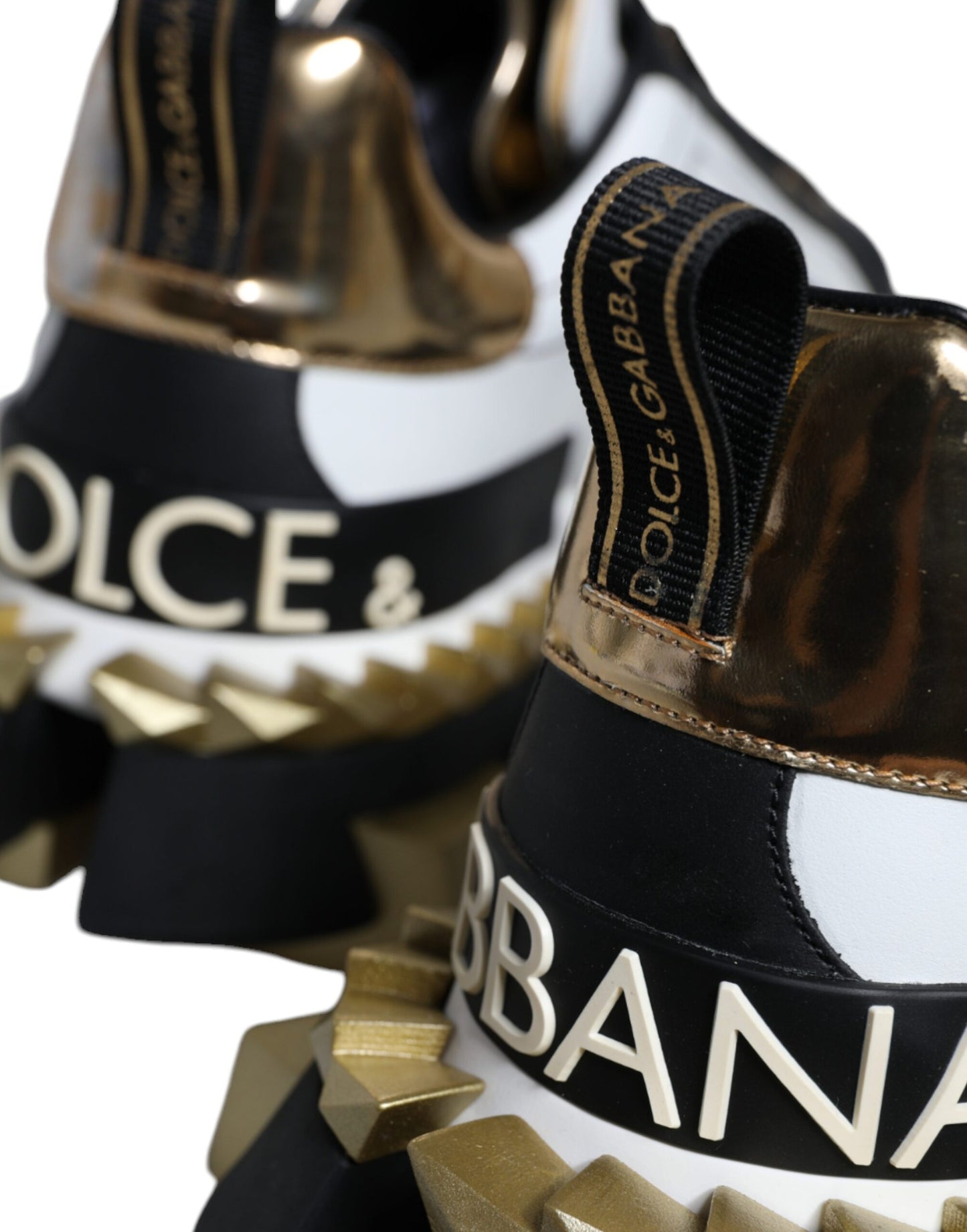 Dolce &amp; Gabbana White Gold Black Leather SUPER KING Sneakers