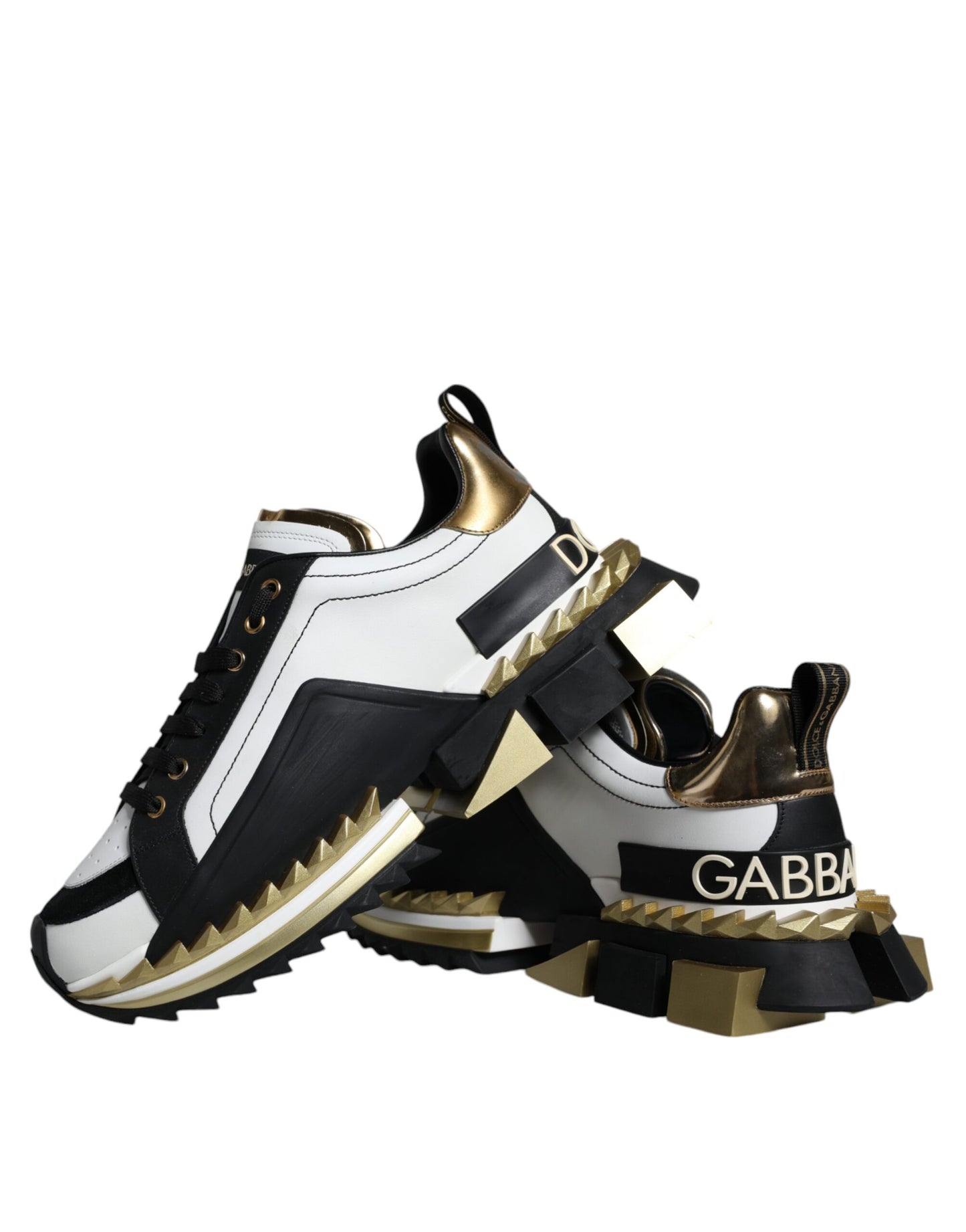 Dolce &amp; Gabbana White Gold Black Leather SUPER KING Sneakers