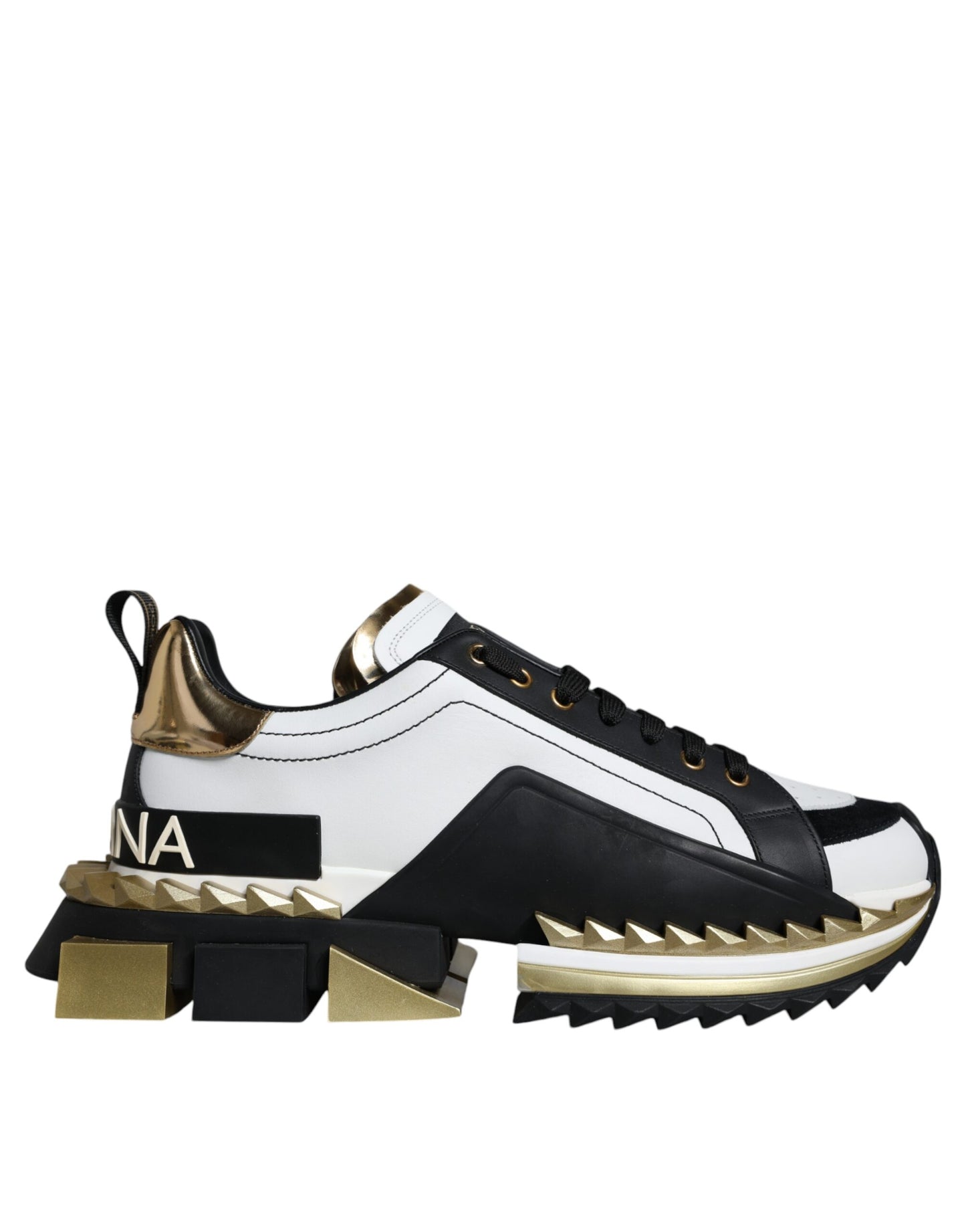Dolce &amp; Gabbana White Gold Black Leather SUPER KING Sneakers
