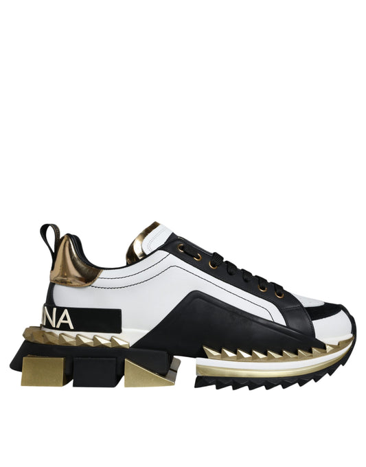 Dolce &amp; Gabbana White Gold Black Leather SUPER KING Sneakers