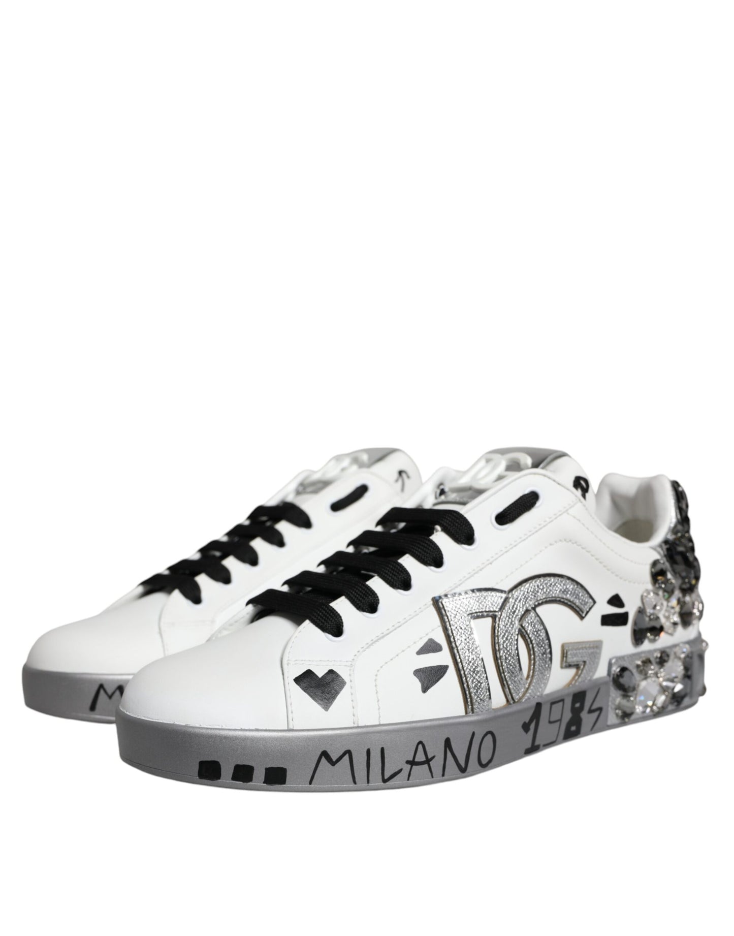 Dolce &amp; Gabbana White Silver Crystal Logo Portofino Sneakers