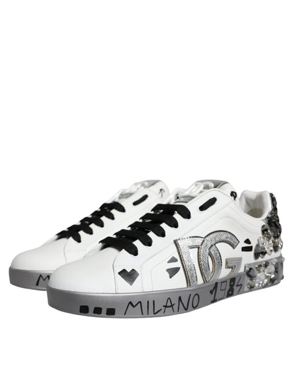 Dolce &amp; Gabbana White Silver Crystal Logo Portofino Sneakers