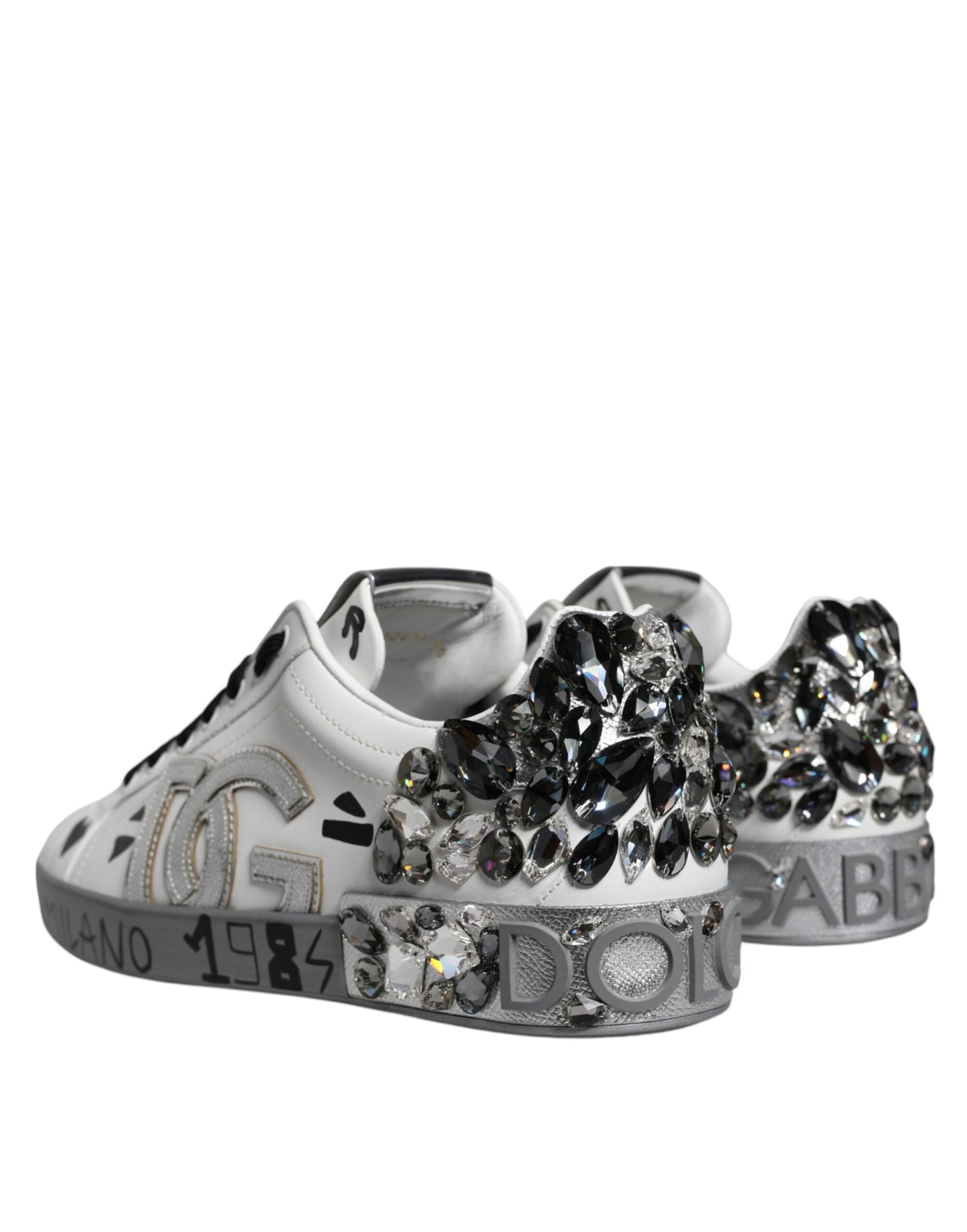 Dolce &amp; Gabbana White Silver Crystal Logo Portofino Sneakers