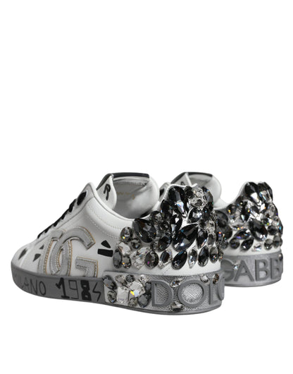 Dolce &amp; Gabbana White Silver Crystal Logo Portofino Sneakers