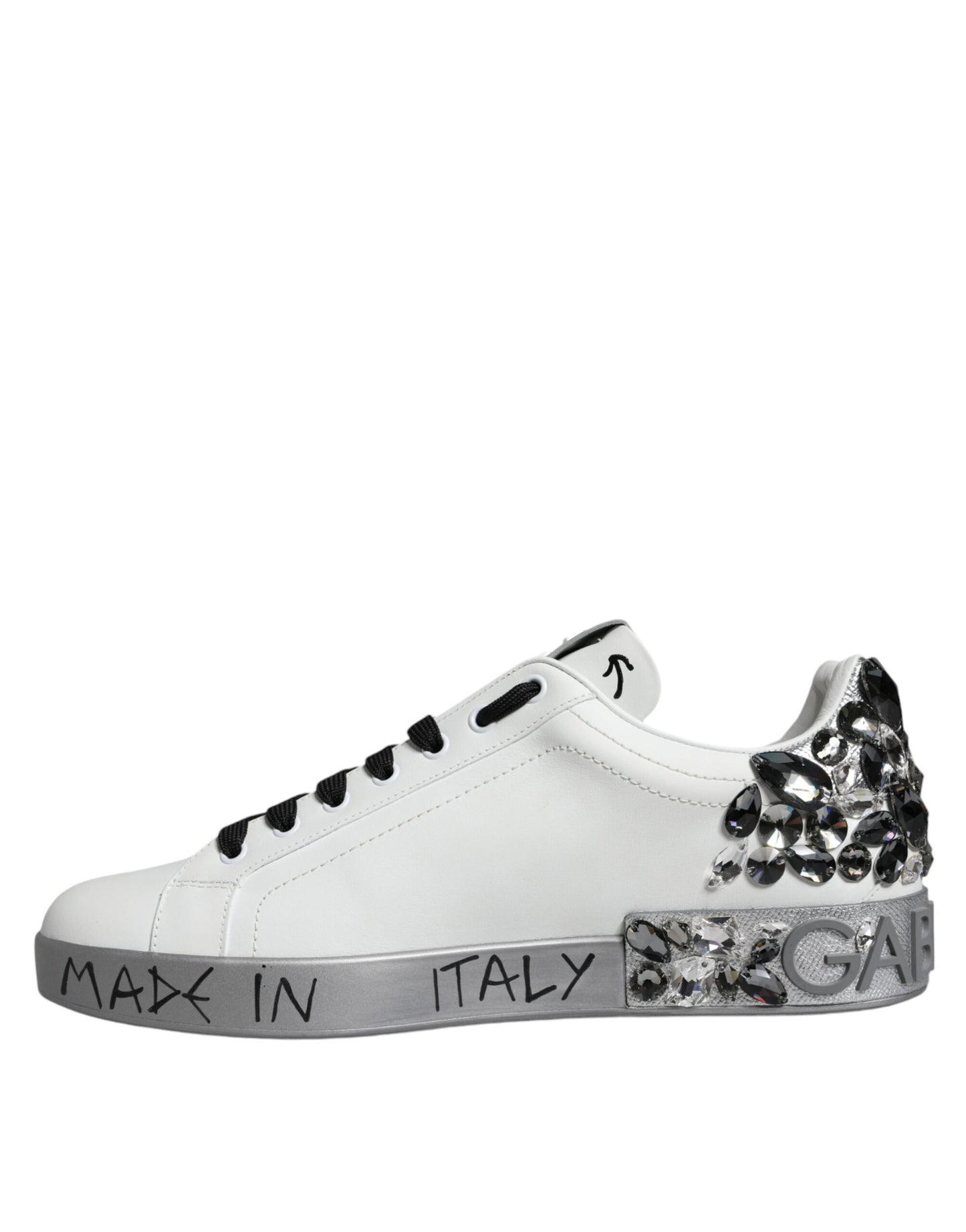 Dolce &amp; Gabbana White Silver Crystal Logo Portofino Sneakers