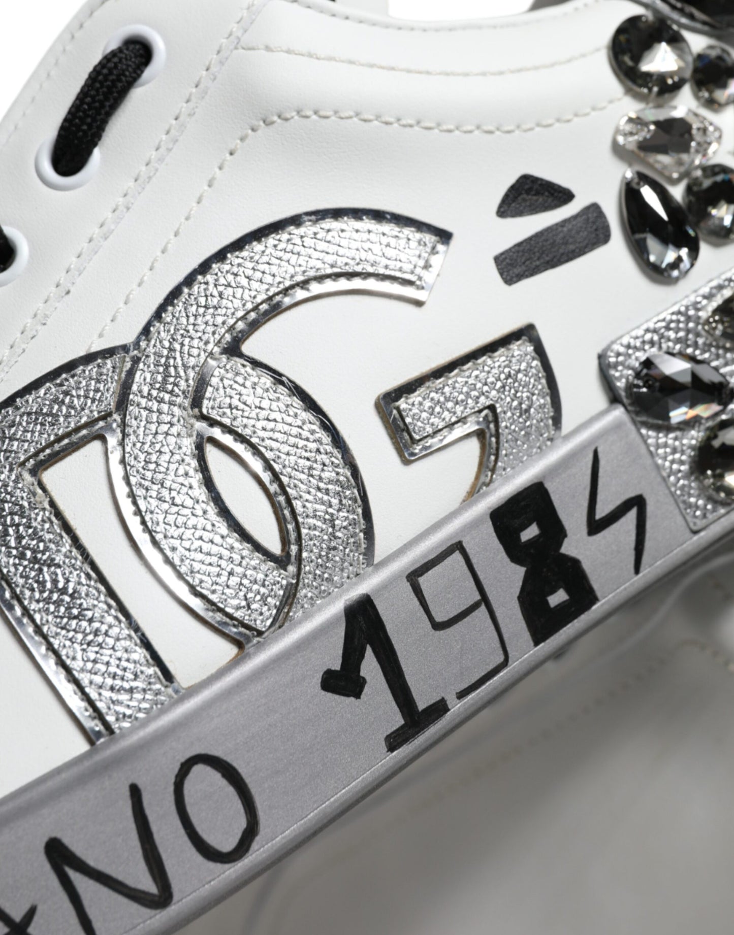 Dolce &amp; Gabbana White Silver Crystal Logo Portofino Sneakers