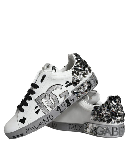 Dolce &amp; Gabbana White Silver Crystal Logo Portofino Sneakers