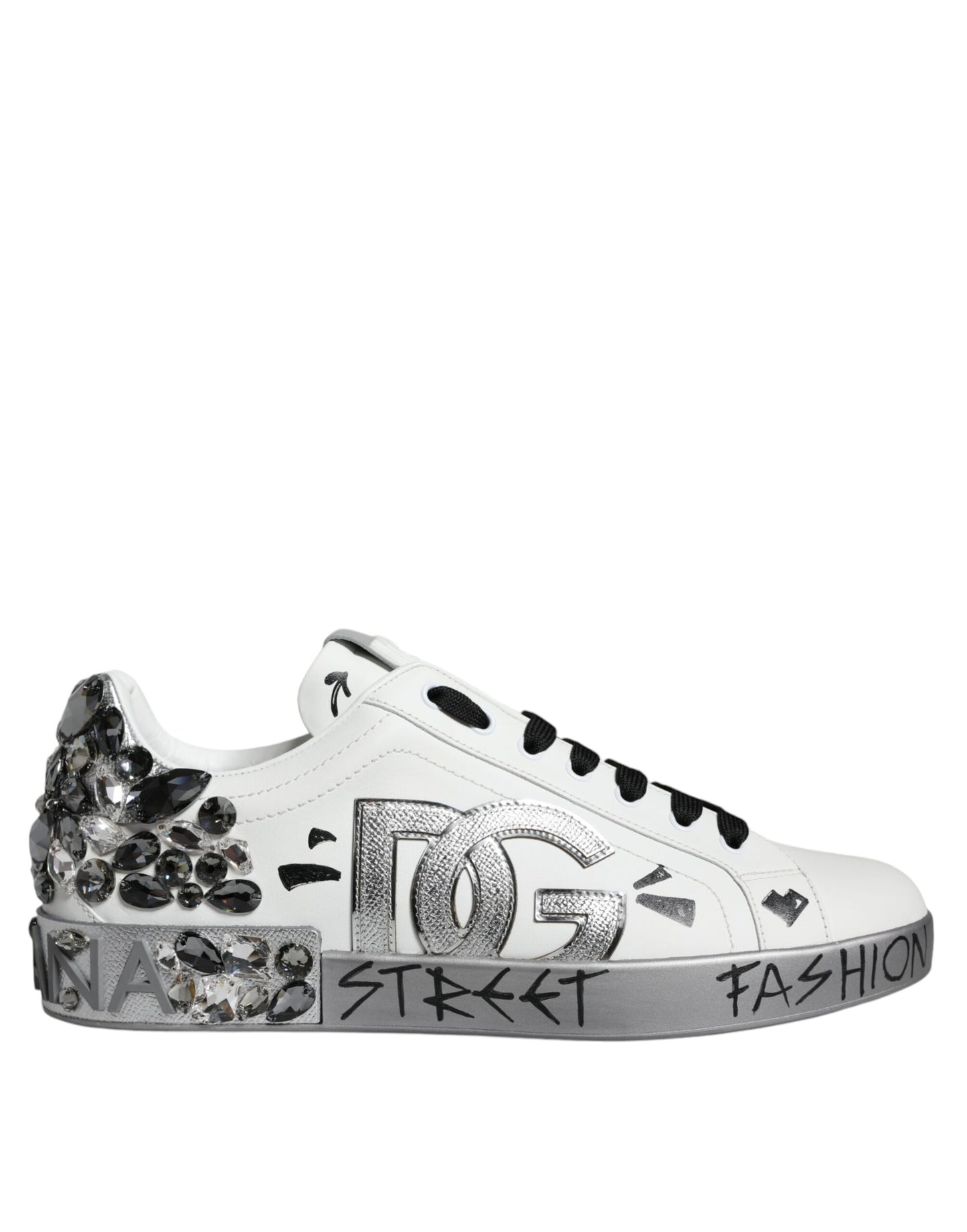 Dolce &amp; Gabbana White Silver Crystal Logo Portofino Sneakers