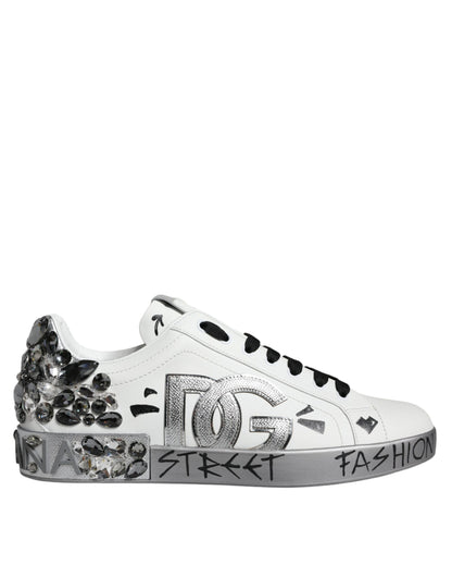 Dolce &amp; Gabbana White Silver Crystal Logo Portofino Sneakers