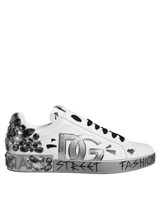 Dolce &amp; Gabbana White Silver Crystal Logo Portofino Sneakers
