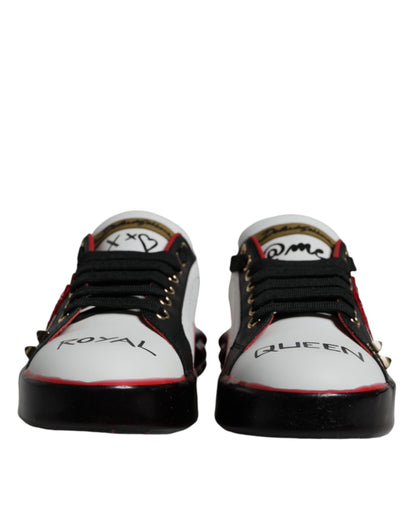 Crystal-Embellished Portofino Leather Sneakers - White & Red