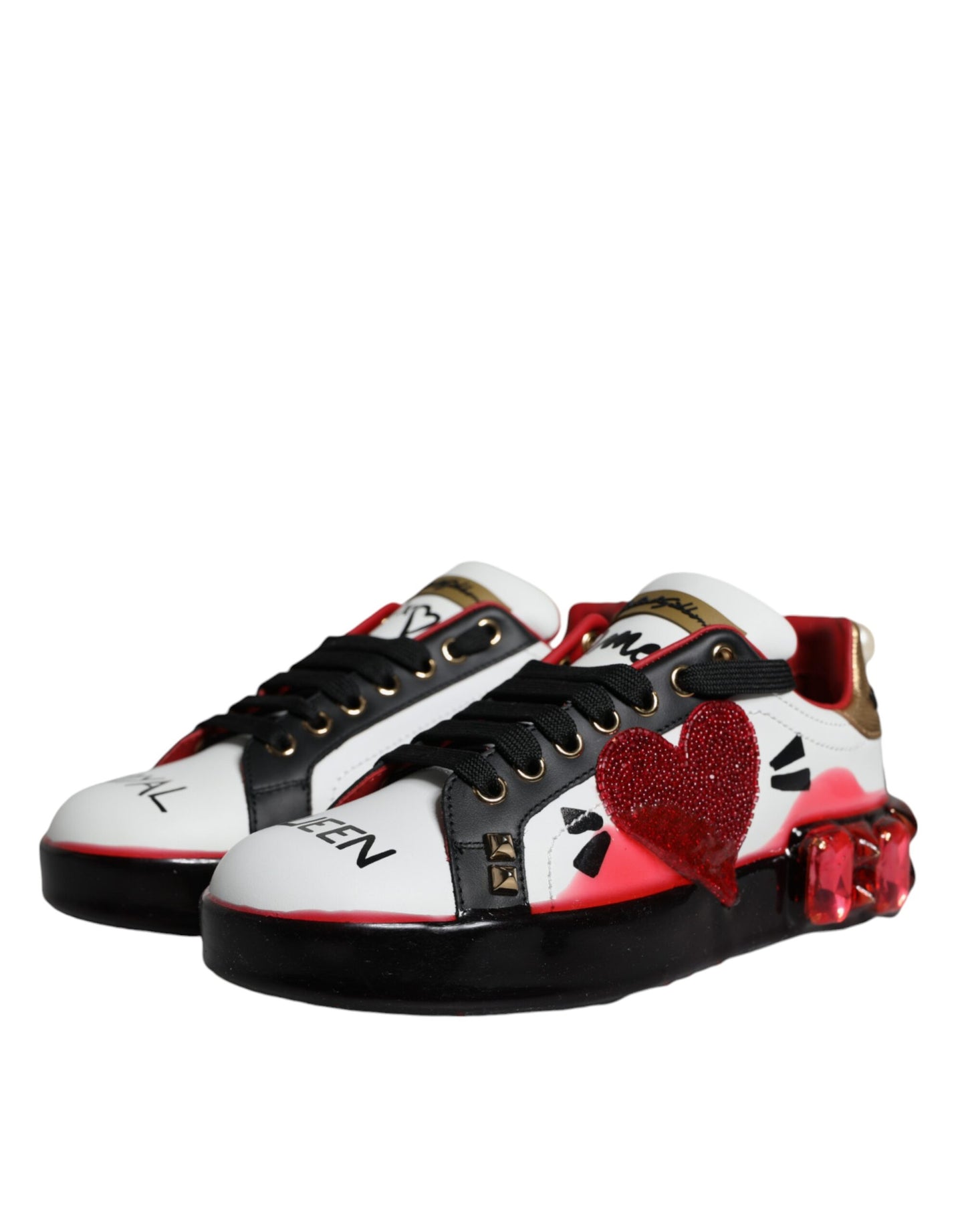 Crystal-Embellished Portofino Leather Sneakers - White & Red