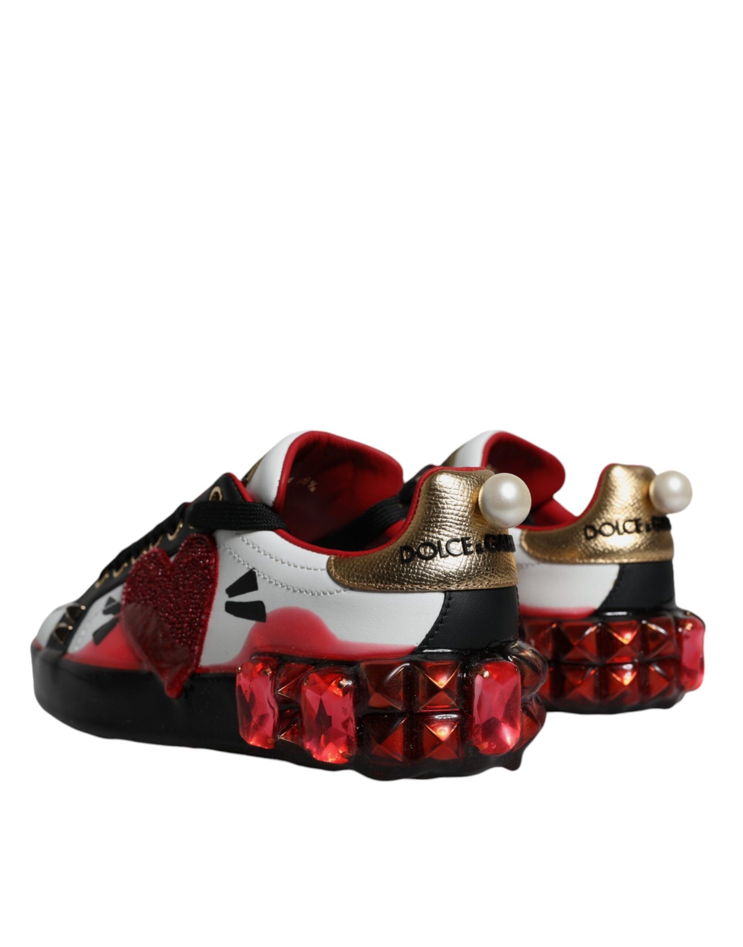 Crystal-Embellished Portofino Leather Sneakers - White & Red