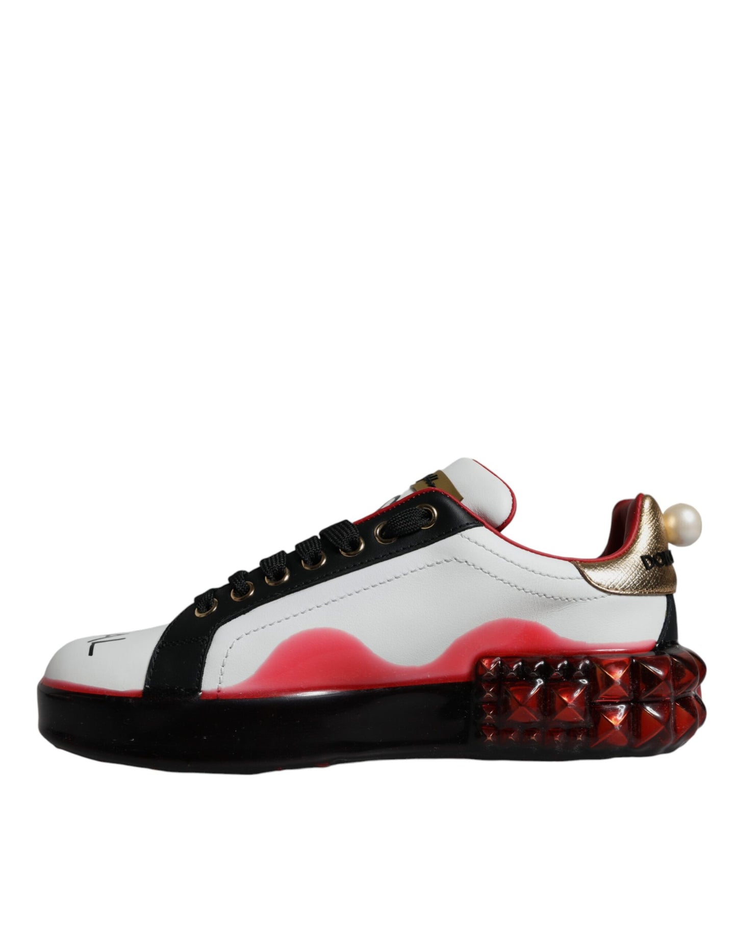 Crystal-Embellished Portofino Leather Sneakers - White & Red
