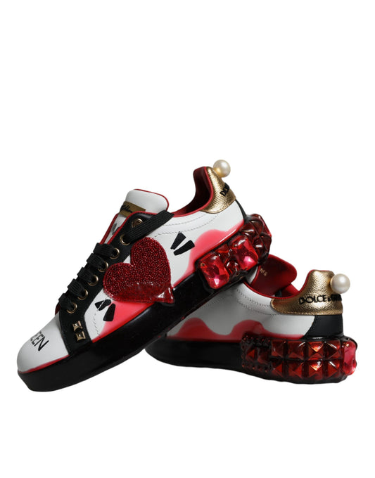 Crystal-Embellished Portofino Leather Sneakers - White & Red