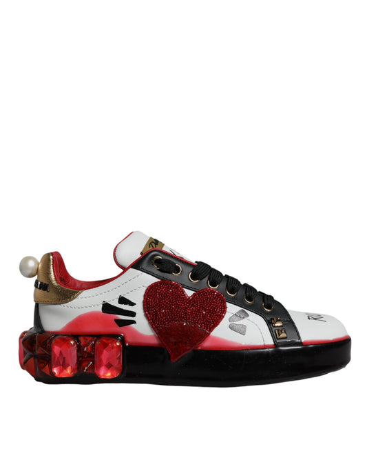 Crystal-Embellished Portofino Leather Sneakers - White & Red