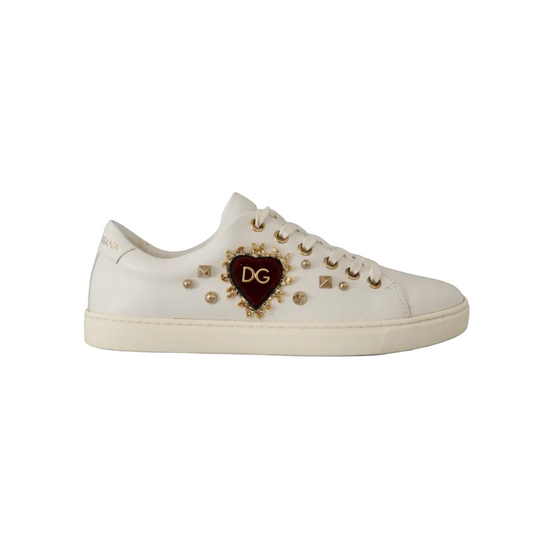 White Leather Gold Red Heart Sneakers Shoes