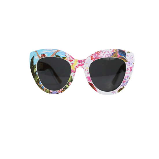 Multicolor Wood Crystal Brass Frame Floral Hand Paint Sunglasses