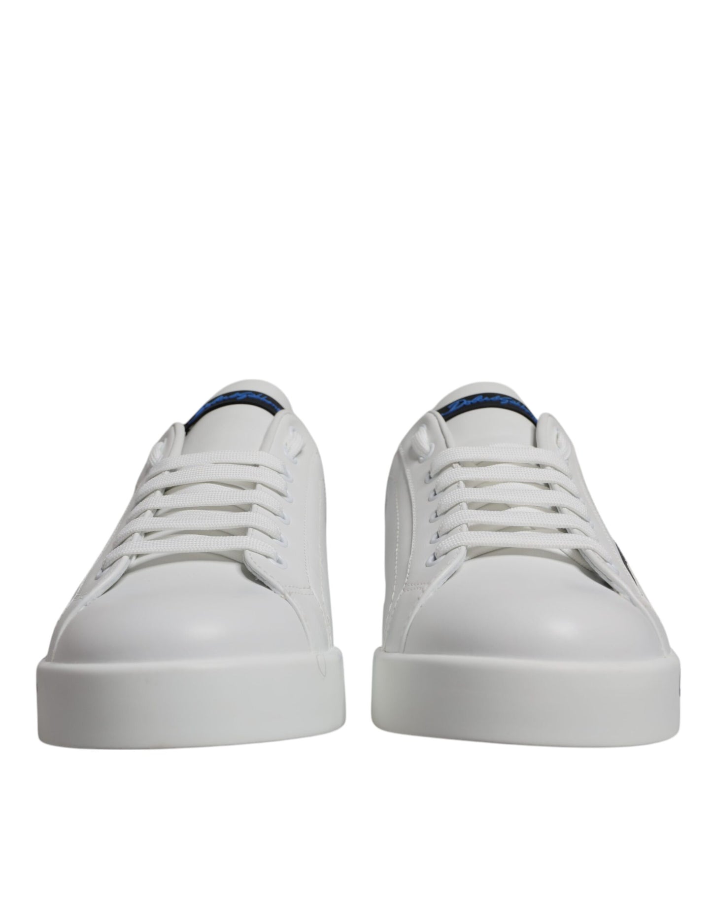 Dolce &amp; Gabbana White and Blue Leather Logo Low-Top Sneakers