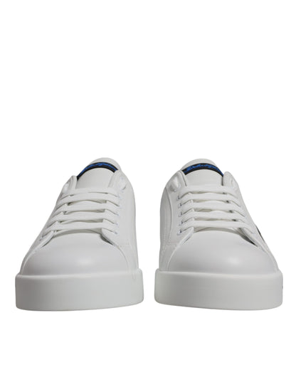 Dolce &amp; Gabbana White and Blue Leather Logo Low-Top Sneakers