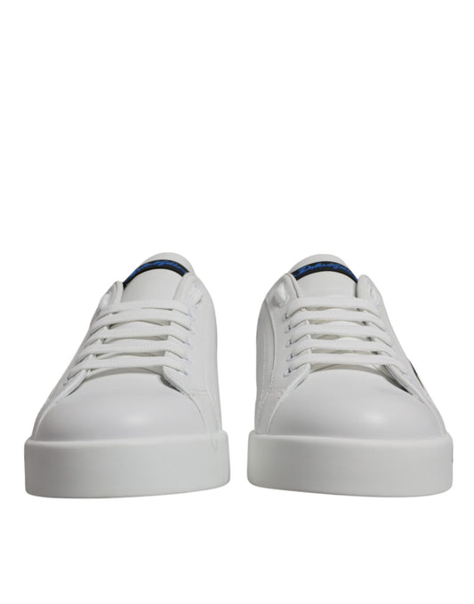 Dolce &amp; Gabbana White and Blue Leather Logo Low-Top Sneakers