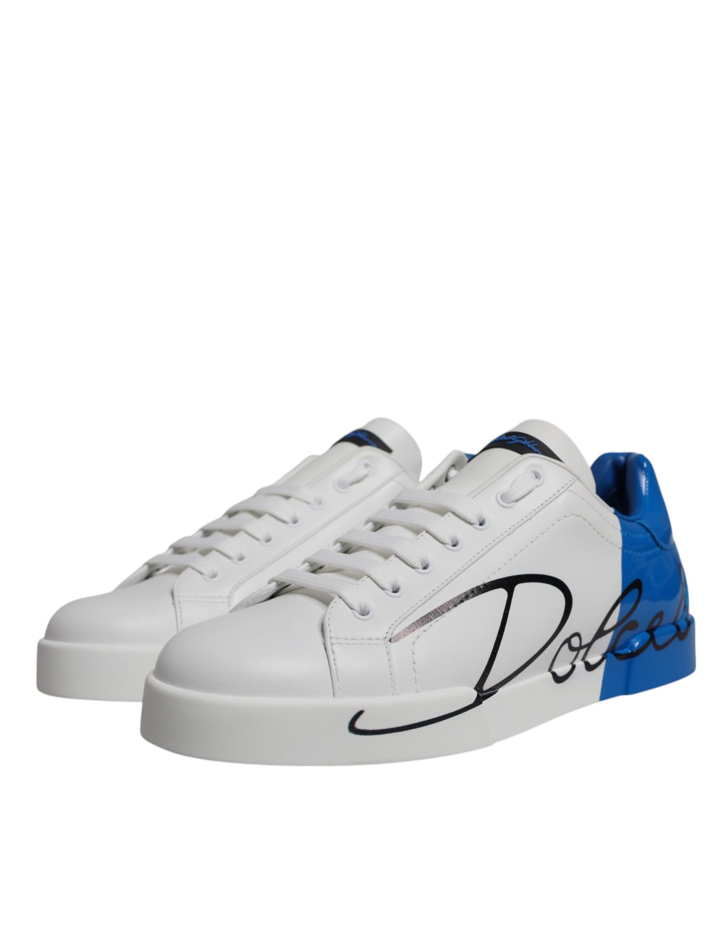 Dolce &amp; Gabbana White and Blue Leather Logo Low-Top Sneakers