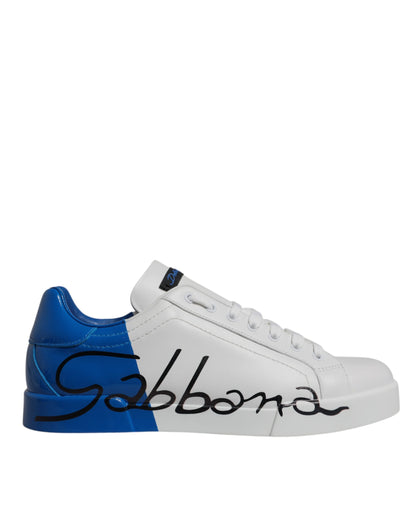 Dolce &amp; Gabbana White and Blue Leather Logo Low-Top Sneakers